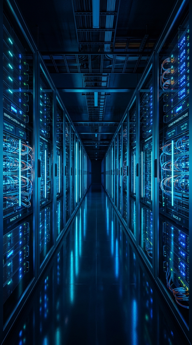 High-performance cloud datacenter server racks running 24/7 website uptime infrastructure