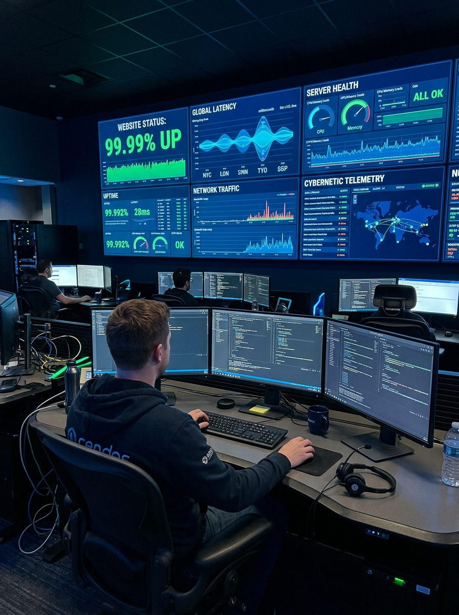 Operations engineer monitoring real-time website uptime, latency and server health metrics in command center